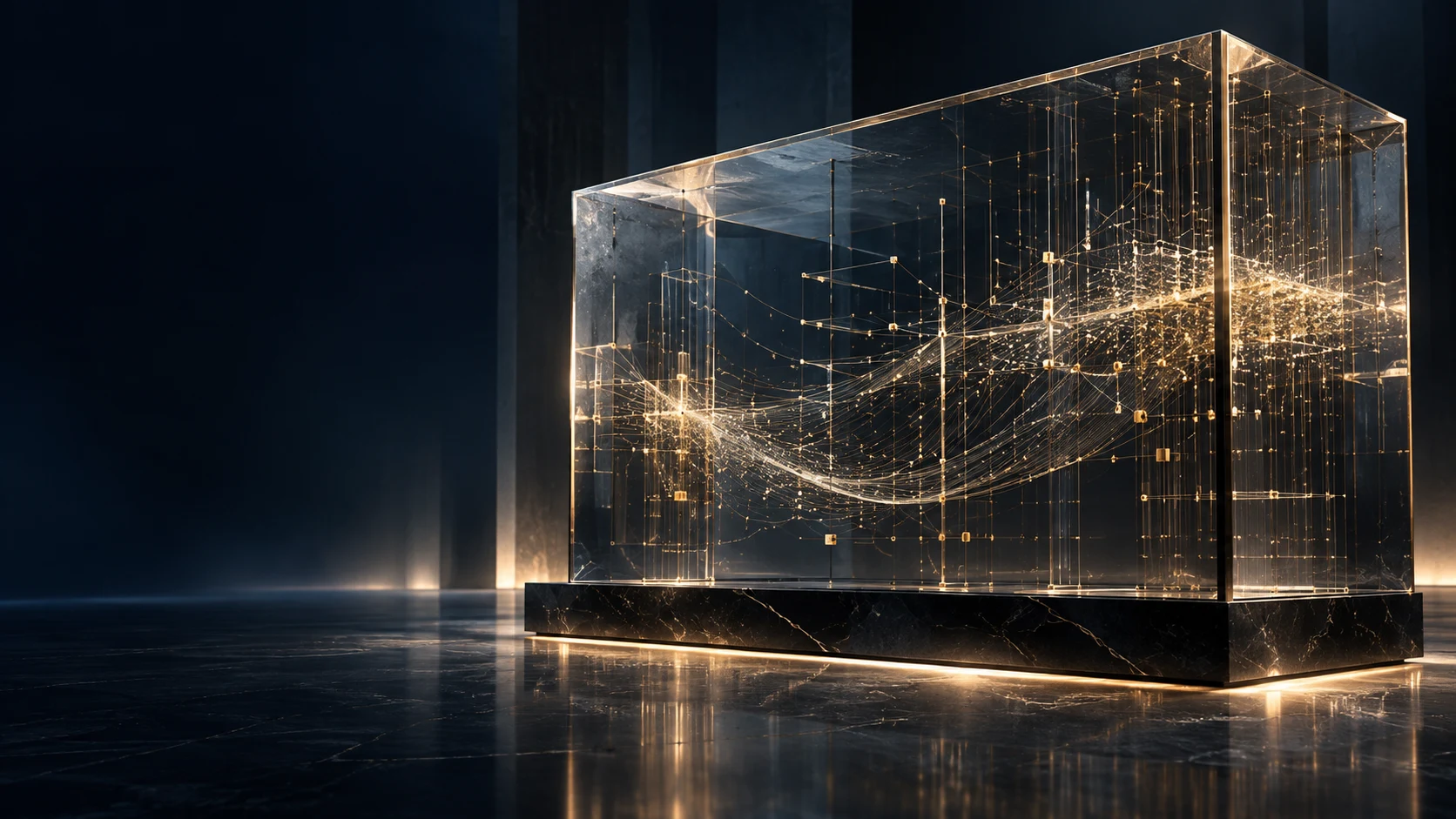 Architettura di vetro e luce che evoca la protezione dei dati